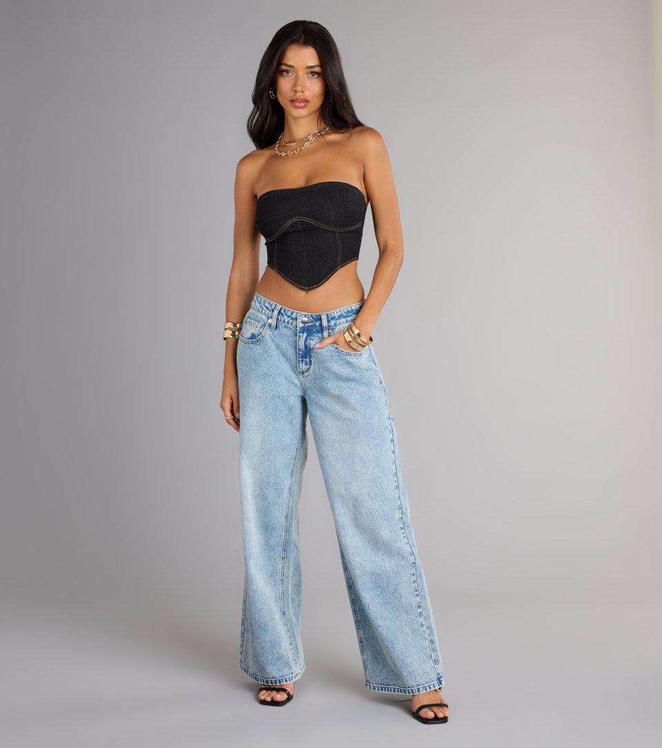 Trendy Girl Denim Strapless Corset Crop Top