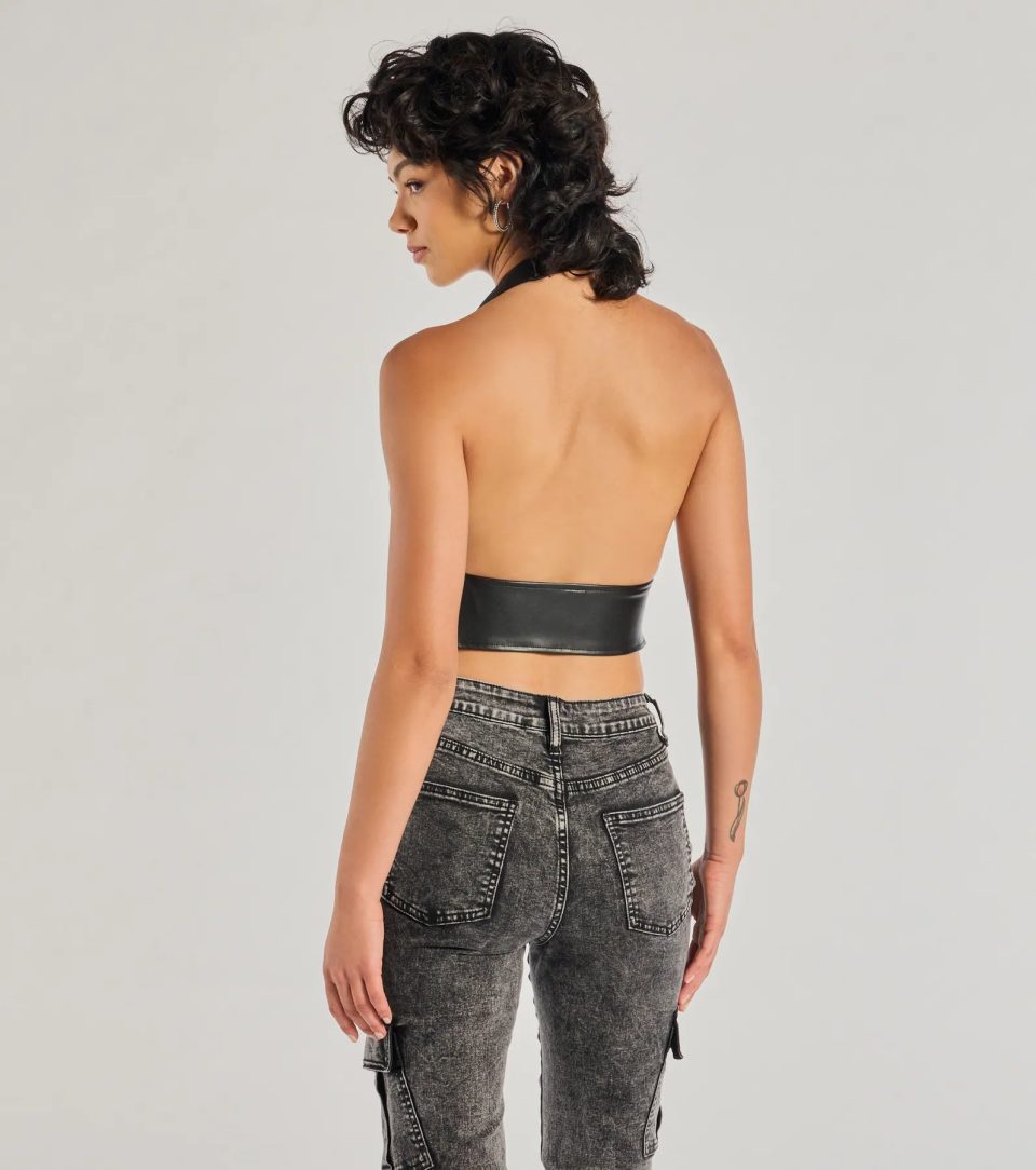 Sultry Muse Buckle Strap Faux Leather Crop Top