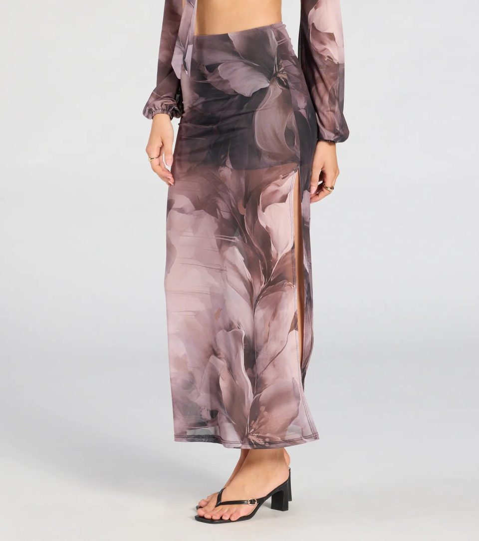 Heavenly Match Floral Slit Midi Skirt