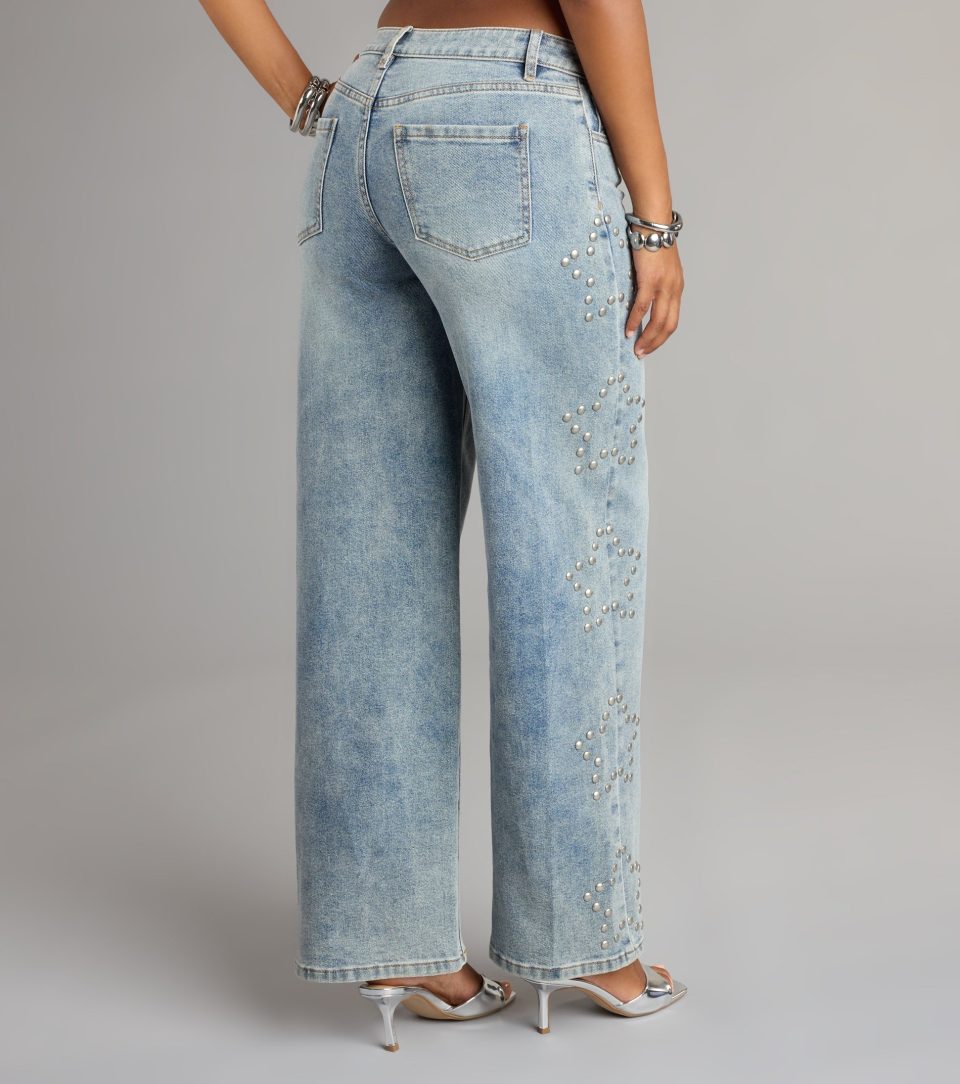 Starry Eyed Studded Wide Leg Denim Jeans